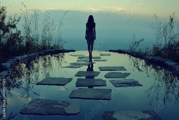 Fototapeta Woman walking on a path made of floating stone tiles