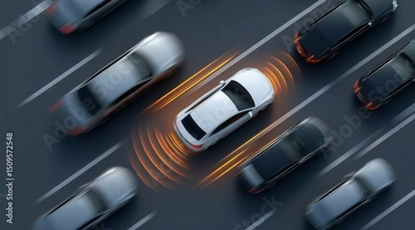 Fototapeta Autonomous vehicle navigating through traffic with sensor waves illustrated
