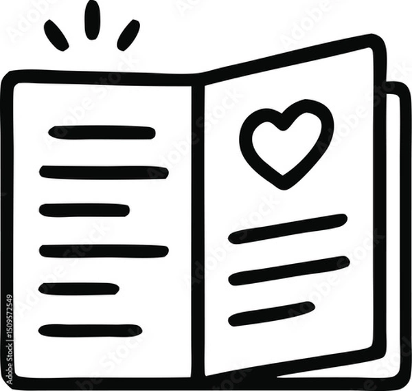 Obraz Black and white drawing of an open book with a heart; perfect for book lovers, literary events, romantic themes, and Valentines Day