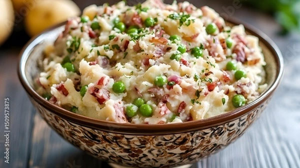 Obraz Delicious Creamy Mashed Potatoes with Peas and Bacon