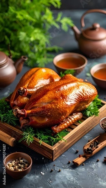 Fototapeta Tea-smoked duck on a wooden tray ready to serve with an elegant presentation for guests