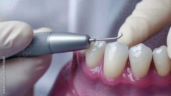 Obraz Dentist using an ultrasonic scaler to remove plaque and tartar from a tooth highlighting the effectiveness of this technology