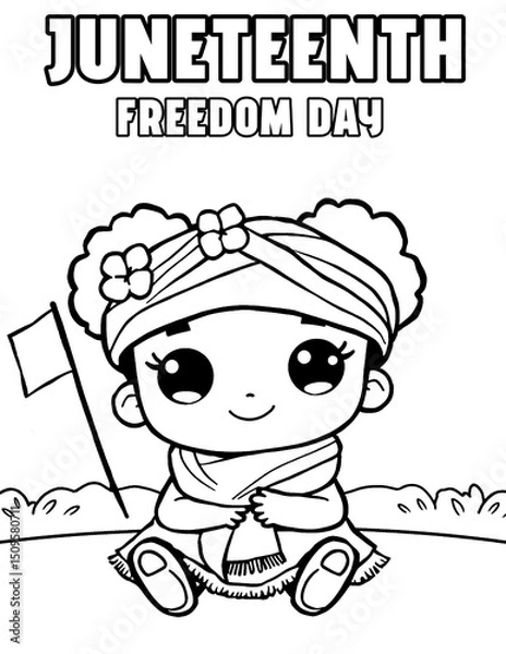Fototapeta Cute Cartoon Character with Headwrap and Flag Celebrating Juneteenth Freedom Day Coloring Page