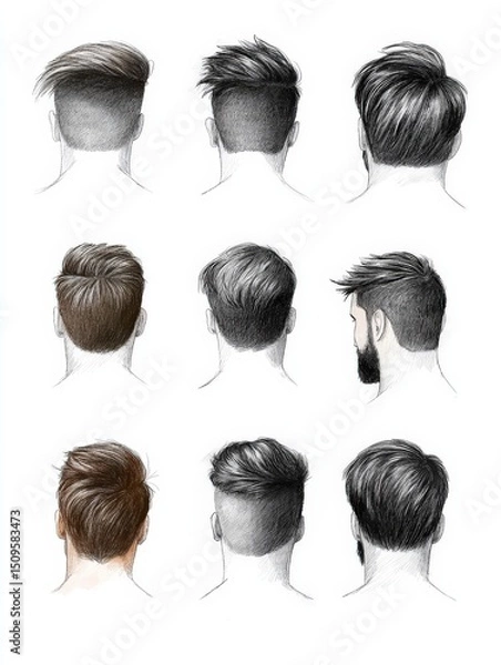 Obraz Various Modern Hairstyles for Men Showcasing Different Cuts and Styles in Black and White Illustrations