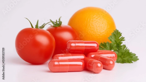 Fototapeta Pile of shiny red capsules with fresh tomato and orange fruit