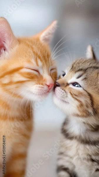 Fototapeta Playful mother cat and her kitten touching noses with love
