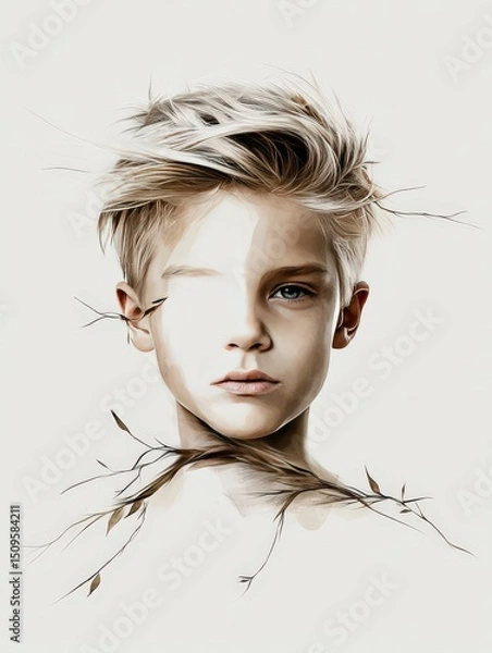 Obraz Portrait of a Young Child with Striking Features and Nature Elements Merging in Artistic Representation and Expression