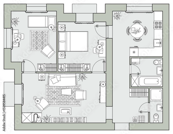 Obraz Floor plan of apartments in top view. Layout of the cottage. A project with the arrangement of furniture. Vector