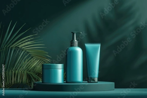 Obraz Teal cosmetic containers, pump bottle, tube, jar, on dark green background with palm fronds, sunlit shadows