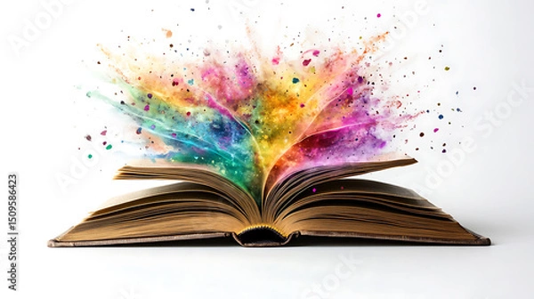 Fototapeta An open book with vibrant, colorful paint splashing outward, symbolizing creativity and knowledge.