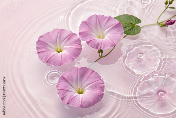 Obraz Bird's-eye view. few morning glory floating on water. a lot of Copy space on the center. light pink  background.  studio photo.