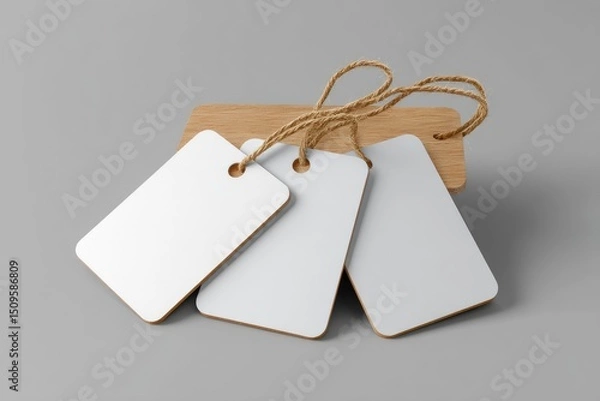 Obraz Three blank white rectangular tags with twine, attached to a small wooden backing, rest on a gray surface