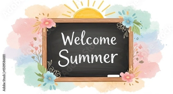 Fototapeta A cheerful chalkboard with "Welcome Summer" written in white chalk is adorned flowers, leaves, and radiant sun, all set against soft watercolor background.