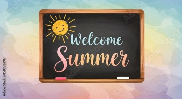 Fototapeta Framed by a cheerful watercolor background, blackboard displays message: "Welcome Summer," accompanied hand-drawn sun and pair of chalk pieces.