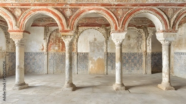 Fototapeta Ancient Hallway with Ornate Arches and Columns
