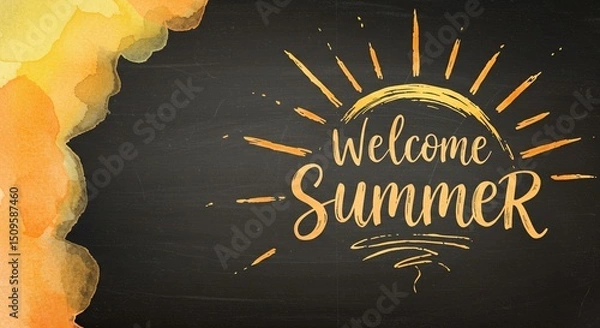 Fototapeta On a textured black background, the phrase "Welcome Summer" appears in sunny yellow, illustrated with vibrant watercolor splash beside joyful message.chalk