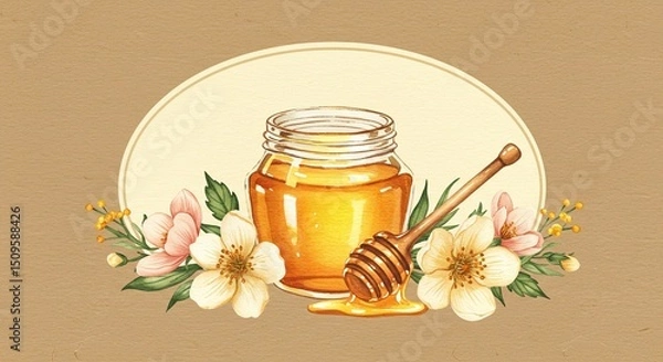 Fototapeta Golden honey fills a glass jar beside wooden dipper, the setup enhanced with delicate floral arrangements against backdrop of neutral tones.