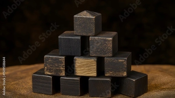 Fototapeta Dark Wooden Blocks Pyramid Structure Abstract Still Life