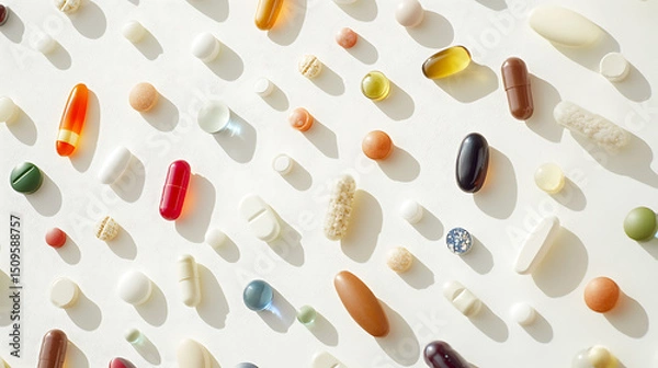 Fototapeta Assorted Medications and Supplements Spread on a Light Background