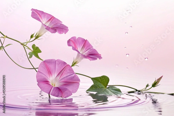 Obraz Bird's-eye view. few morning glory floating on water. a lot of Copy space on the center. light pink  background.  studio photo.