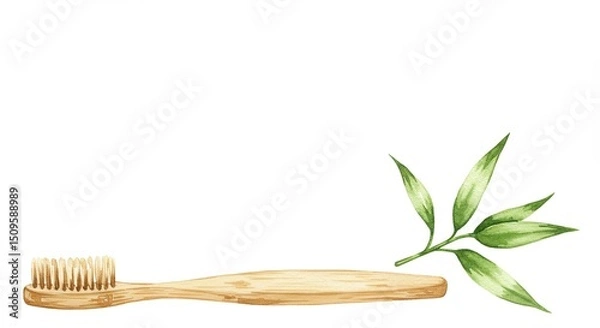 Fototapeta A painted composition displays wooden toothbrush lying beside verdant sprig against plain, stark white backdrop.copy space