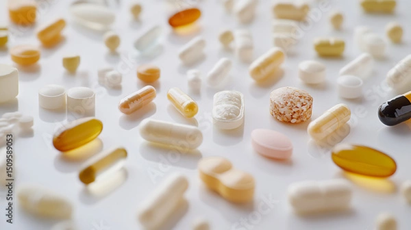 Fototapeta Assorted Medications and Supplements Spread on a White Surface