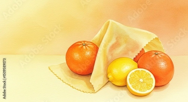 Fototapeta Watercolor shows citrus fruits with a cut lemon, placed among pair of oranges and beeswax wrap, all in matching shades warm yellow orange.