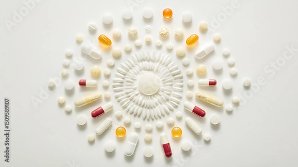 Fototapeta Circular Arrangement of Various Pills and Capsules on a White Background
