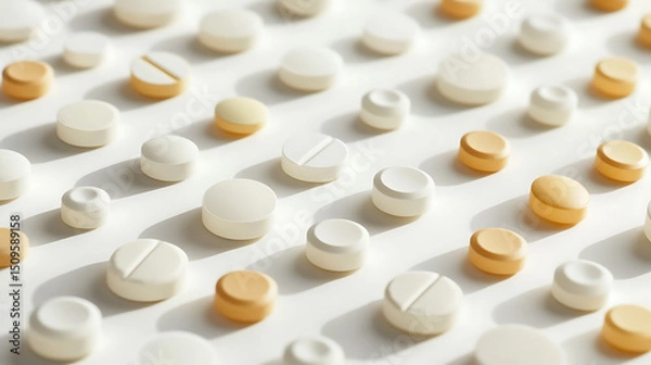 Fototapeta Arrangement of White and Yellow Tablets on a Light Surface
