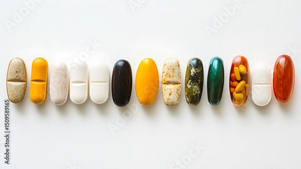 Fototapeta Assorted Medications and Supplements Arranged in a Row