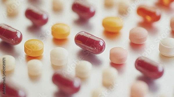 Fototapeta Assorted Medication Capsules and Tablets on a Light Background
