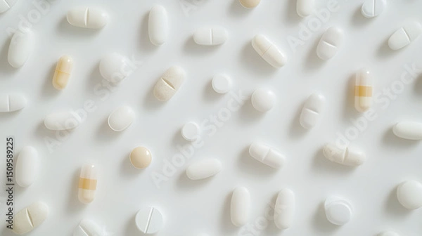 Fototapeta Assorted Medication Pills Scattered on a White Surface