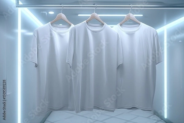 Obraz Three pristine white t-shirts hang on wooden hangers in a minimalist, brightly lit, modern closet