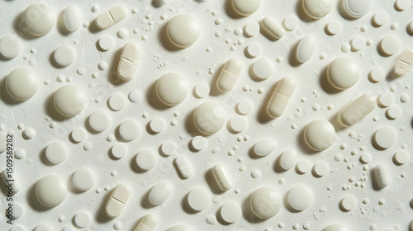 Fototapeta Close-up of Various White Pills and Capsules on a Wet Surface
