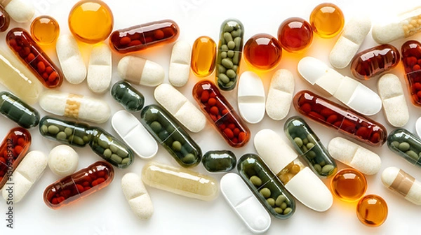 Fototapeta Assorted Medications: Capsules and Tablets in Various Colors and Sizes