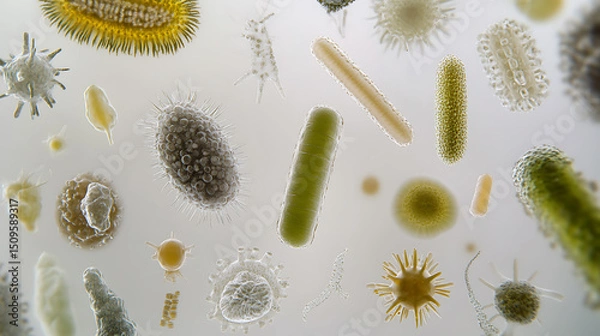 Fototapeta Microscopic View of Diverse Microorganisms and Bacteria