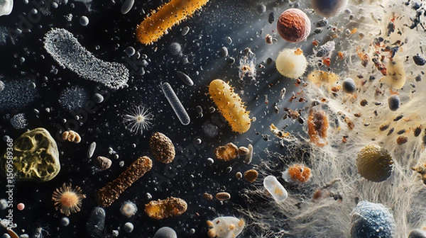 Fototapeta Microscopic View of Diverse Microorganisms and Particles in Water