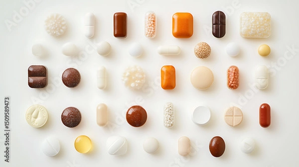 Fototapeta Assorted Medications and Supplements Arranged in a Grid Pattern