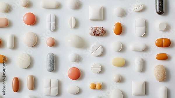 Fototapeta Assorted Medications Arranged in a Grid Pattern on a White Background