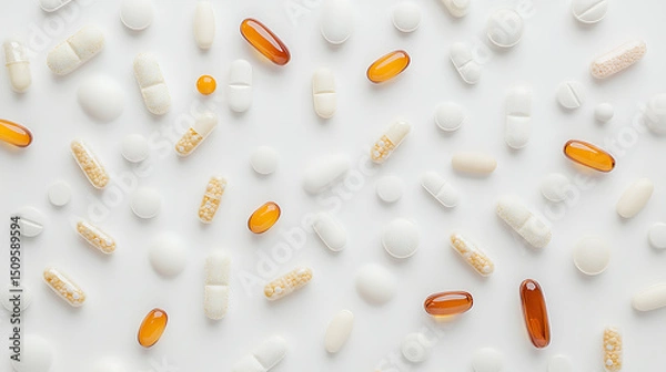 Fototapeta Assorted Medications and Supplements Spread on a White Background