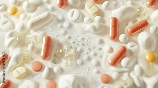 Fototapeta Assorted Medications Floating in Liquid, Close-Up View