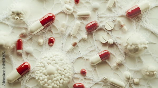 Fototapeta Assorted Medications and Pills Scattered on a Webbed Surface