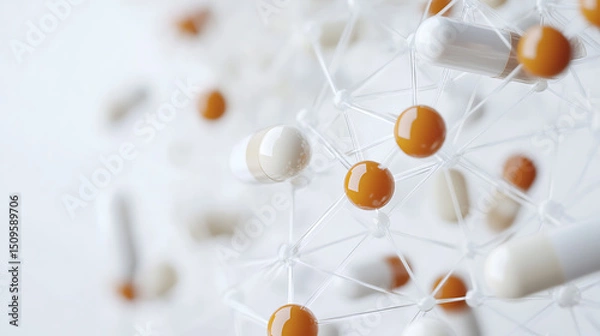 Fototapeta Molecular Structure with Orange and White Spheres Connected by Transparent Rods