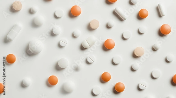 Fototapeta Assorted Pills and Tablets Scattered on a White Background