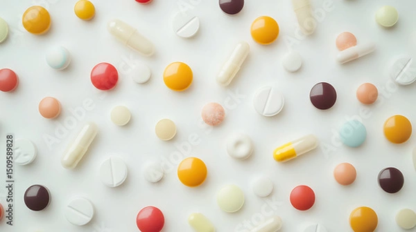 Fototapeta Assorted Colorful Pills and Capsules on a White Background