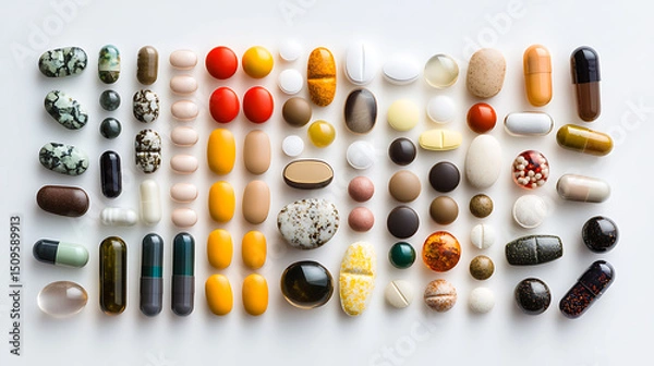 Obraz Array of Colorful Medications and Supplements Arranged in Rows