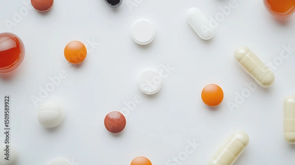 Fototapeta Assorted Medications and Supplements on a White Background