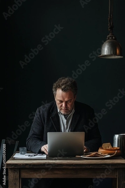Obraz Focused man using laptop during lunch break in studio