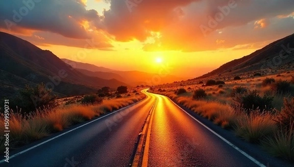 Fototapeta Golden hour light bathes a winding road stretching towards a vibrant sunrise, casting long shadows across the landscape Perfect for travel, adventure, and nature themes , clouds, scenic, journey