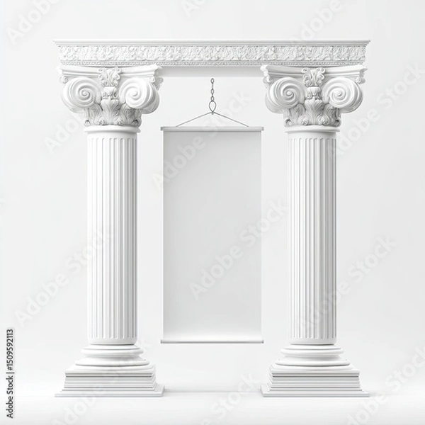 Obraz Two classical white columns flanking a blank vertical banner, against a white background